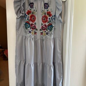 Floral Embroidered Kids Dress - Gray